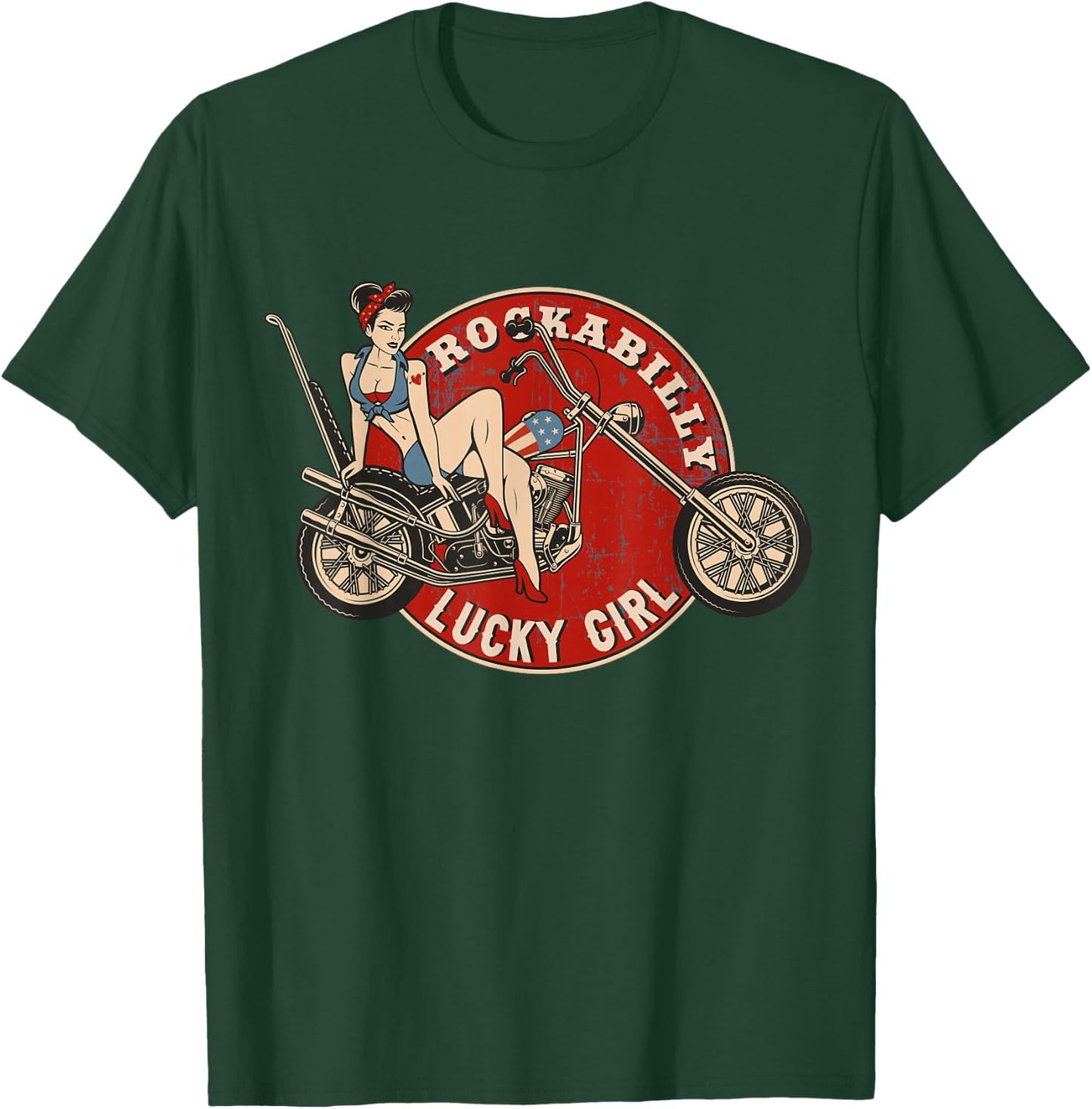 Motorcycle Pinup Girl Old School Rockabilly Lucky Girl T-Shirt - T-Shirt | Forest