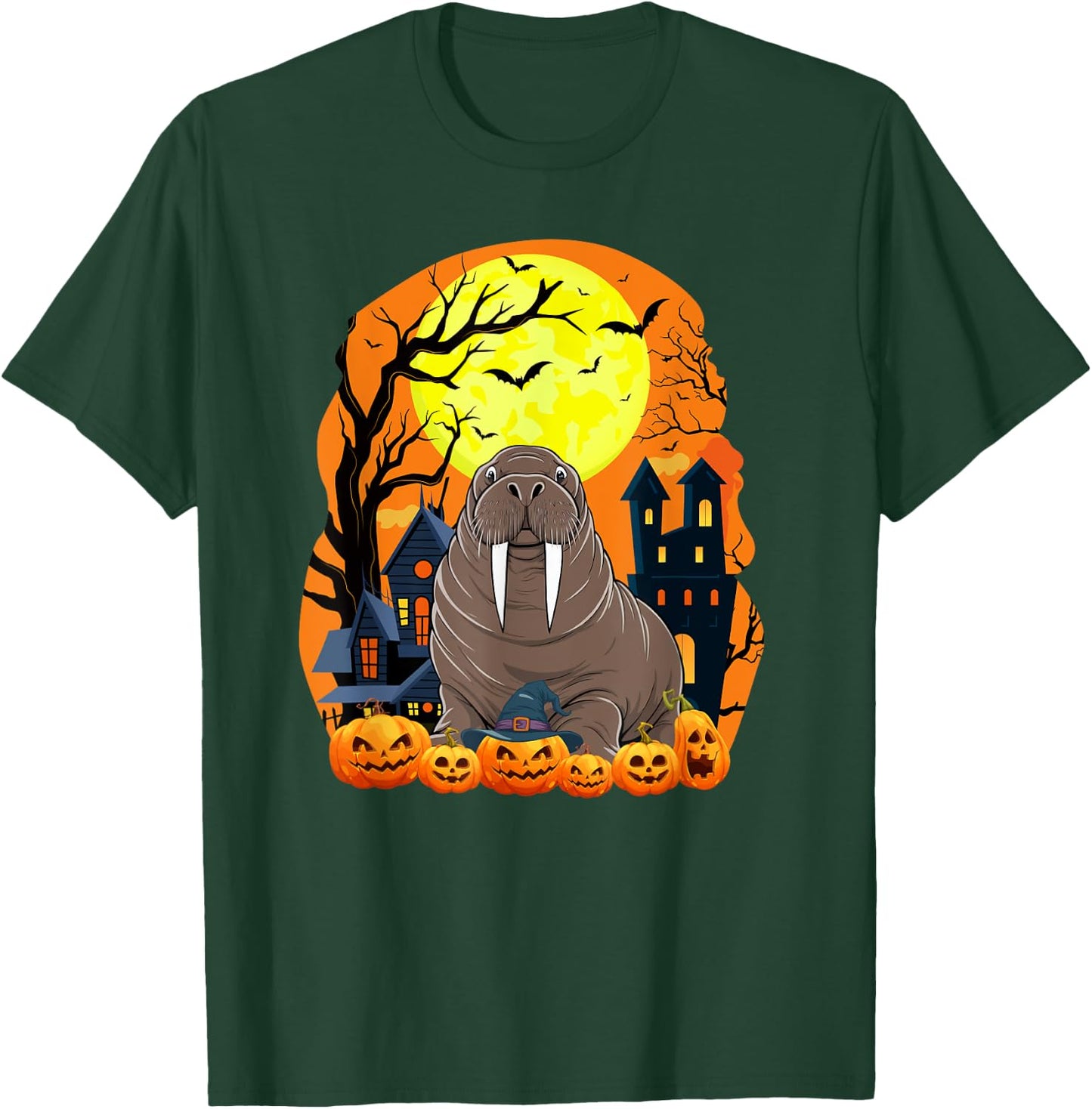 Walrus With Pumpkins Funny Scary Halloween Party T-Shirt - T-Shirt | Forest