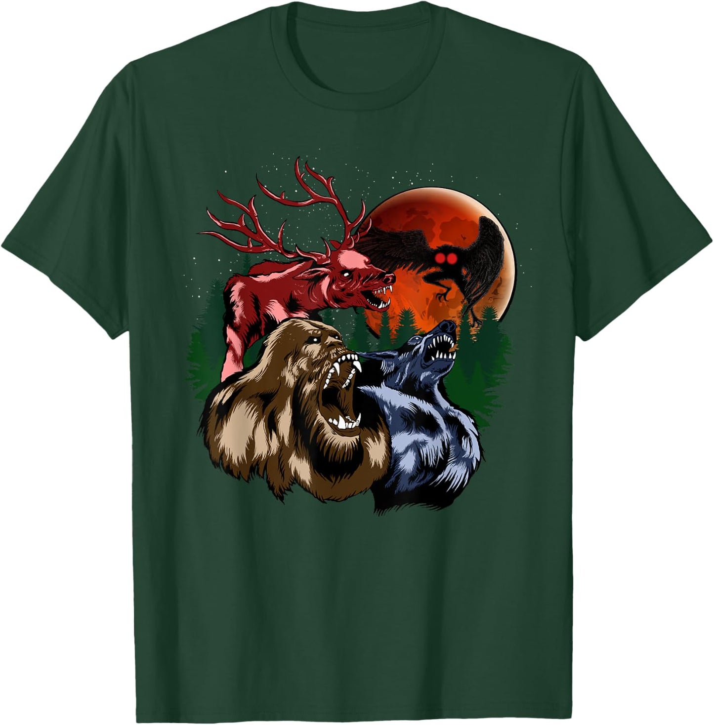 Three Cryptid Moon - Sasquatch, Dogman, Wendigo, Mothman T-Shirt - T-Shirt | Forest