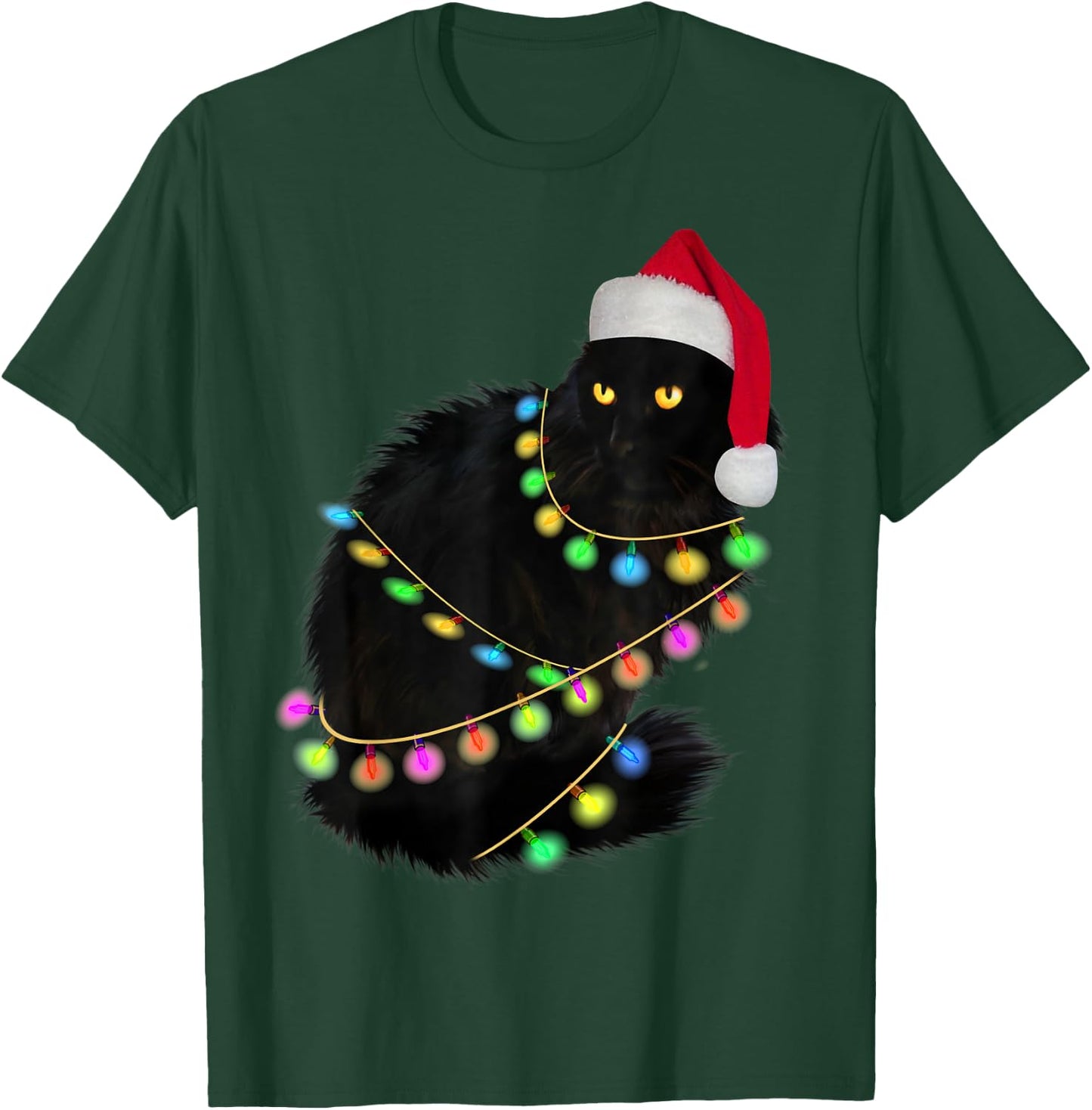 Black Cat Santa Hat Light Tree Funny Ugly Christmas Sweater T-Shirt - T-Shirt | Forest