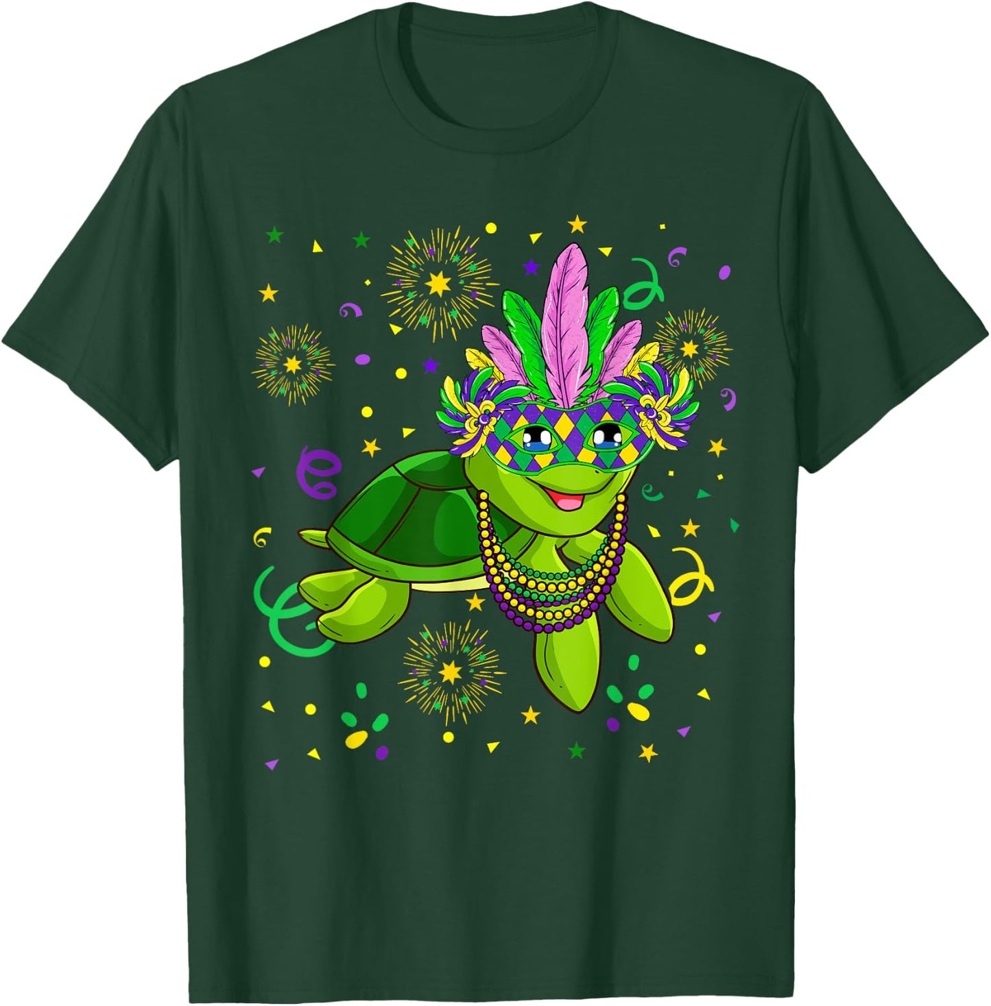 Mardi Gras 2021 Cute Turtle With Feather Mask Parade Fans T-Shirt - T-Shirt | Forest