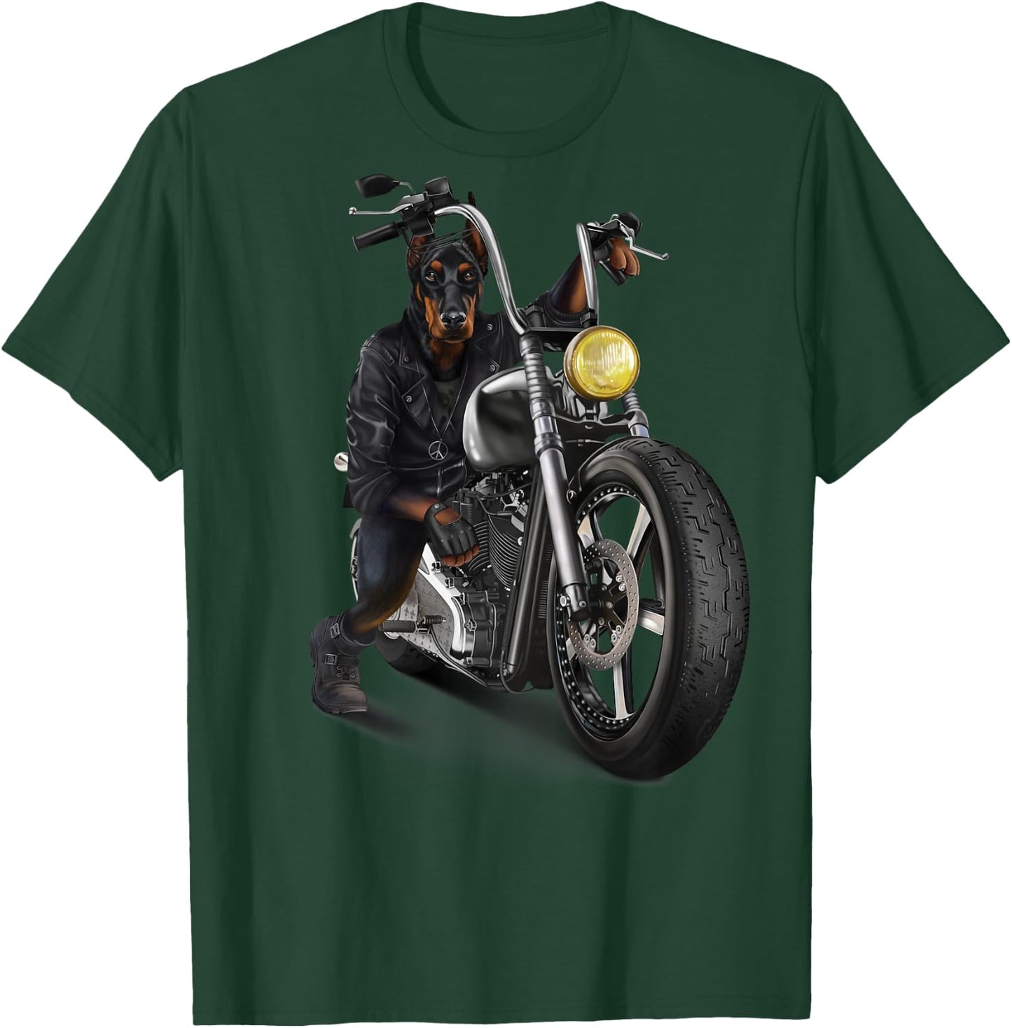 Doberman Dog Biker on a Classic Chopper Motorcycle T-Shirt - T-Shirt | Forest