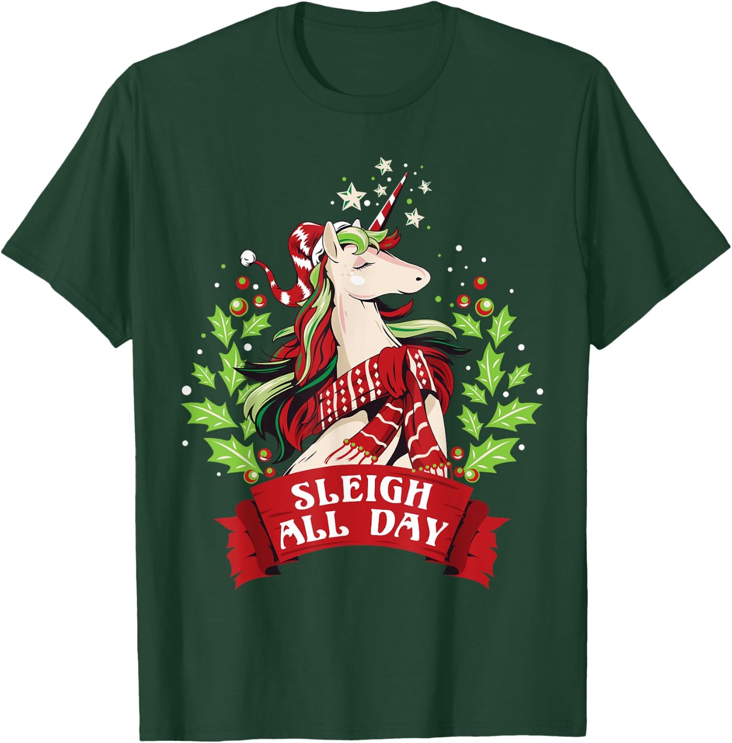 Sleigh All Day Cute Santa Unicorn Christmas T-Shirt - T-Shirt | Forest