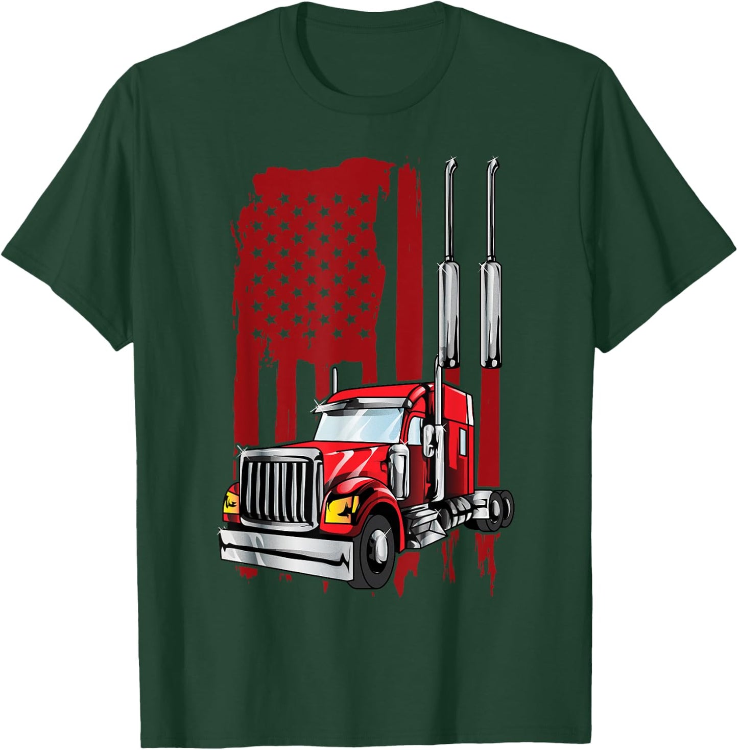 American Flag Semi Truck Driver Truck Lovers Trucker Women Kids Men T-Shirt - T-Shirt | Forest