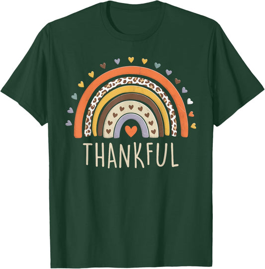 Leopard Rainbow Thankful Thanksgiving Teacher Women Kids T-Shirt - T-Shirt | Forest