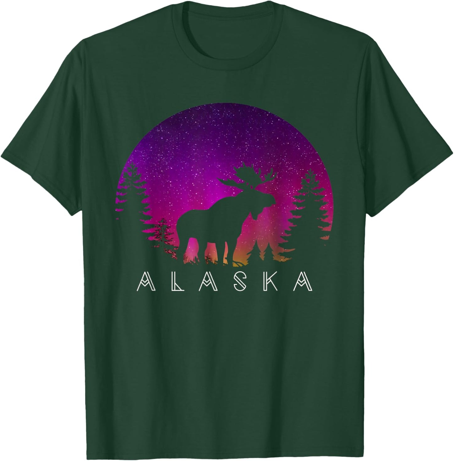 Alaska Moose Aurora Borealis - Alaskan Landscape Photo T-Shirt - T-Shirt | Forest