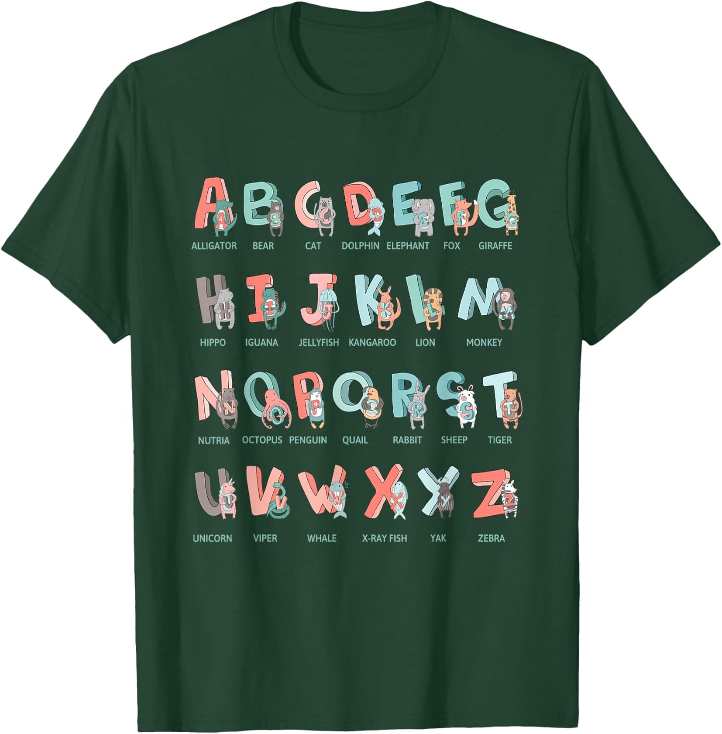 Alphabet Animals I School Beginner Students Children Girls Boys T-Shirt - T-Shirt | Forest