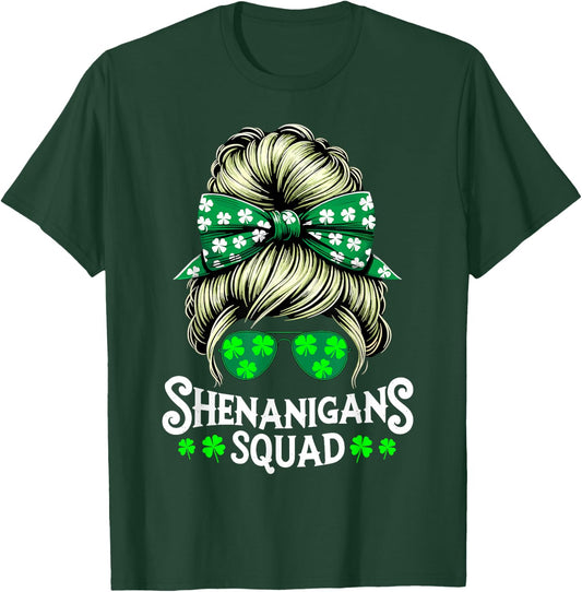 Shenanigans Squad Messy Bun St Patricks Day T-Shirt - T-Shirt | Forest