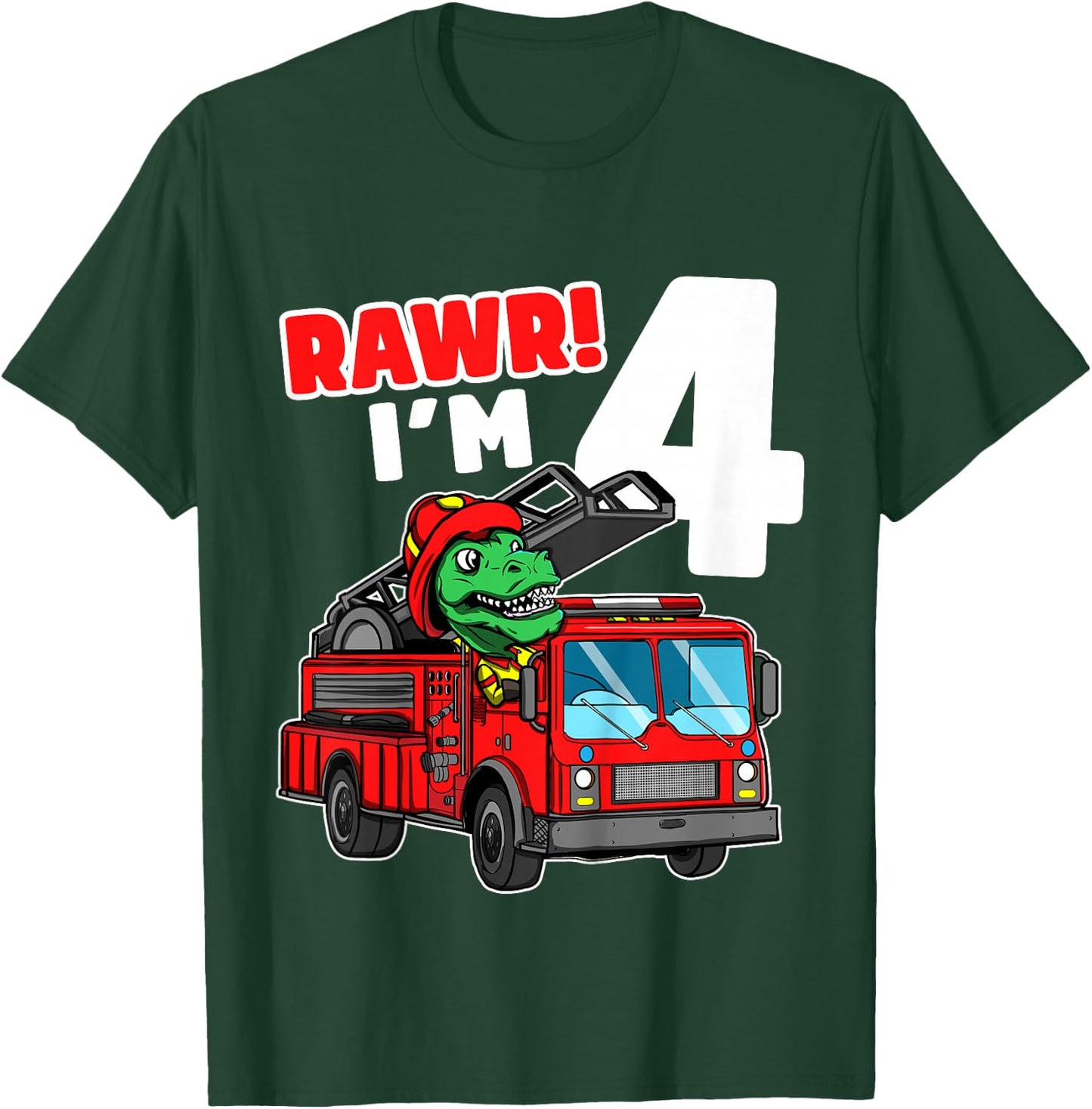 Kids Dinosaur Fire Truck 4th Birthday Boy T-Rex Firefighter 4 T-Shirt - T-Shirt | Forest