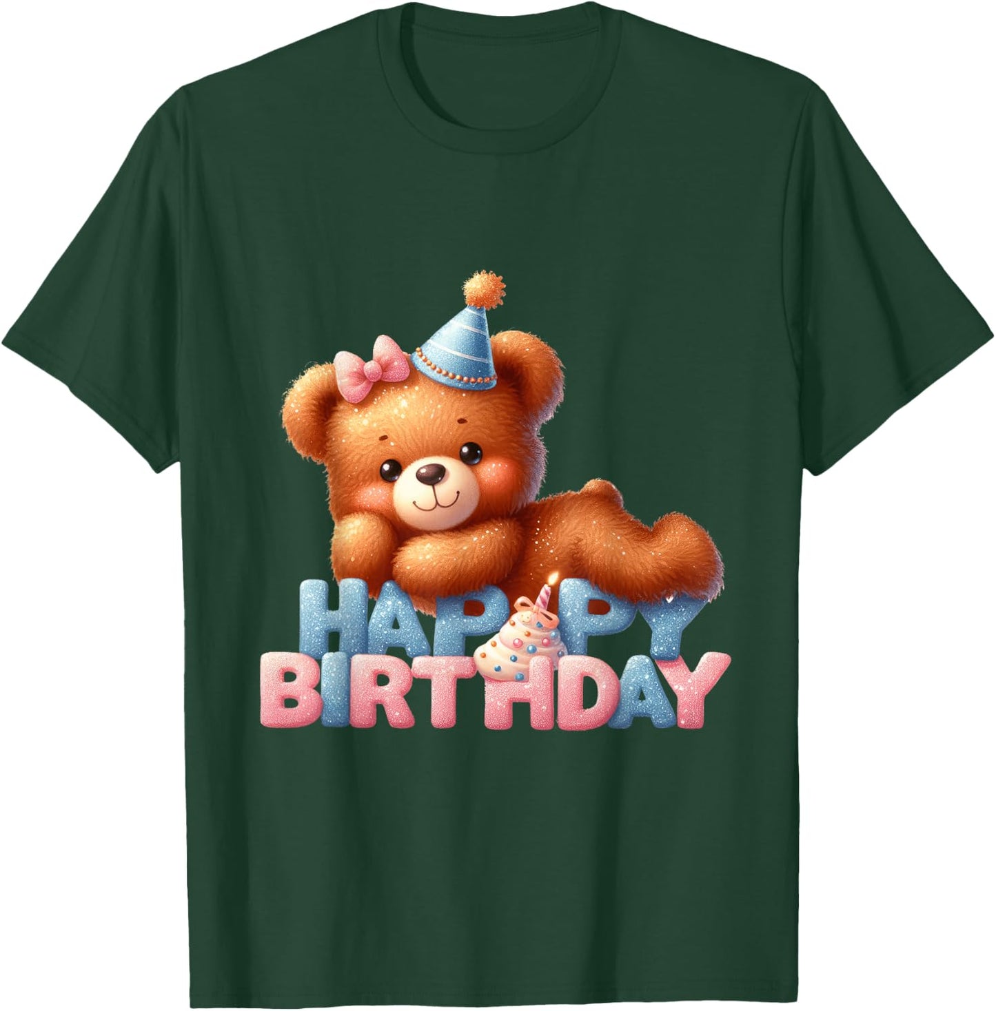 Happy Birthday Brown Teddy Bear Pink Blue Party T-Shirt - T-Shirt | Forest