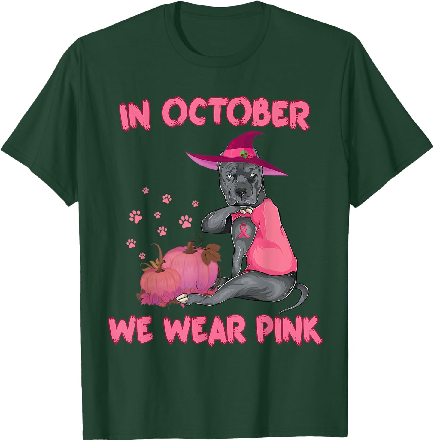 In October We Wear Pink Pitbull Dog Breast Cancer Halloween Men Women Girls Kids T-Shirt - T-Shirt | Forest