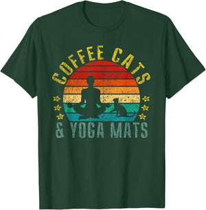 Coffee, Cats & Yoga Mats Funny Retro T-Shirt - T-Shirt | Forest