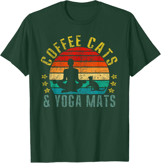 Coffee, Cats & Yoga Mats Funny Retro T-Shirt - T-Shirt | Forest