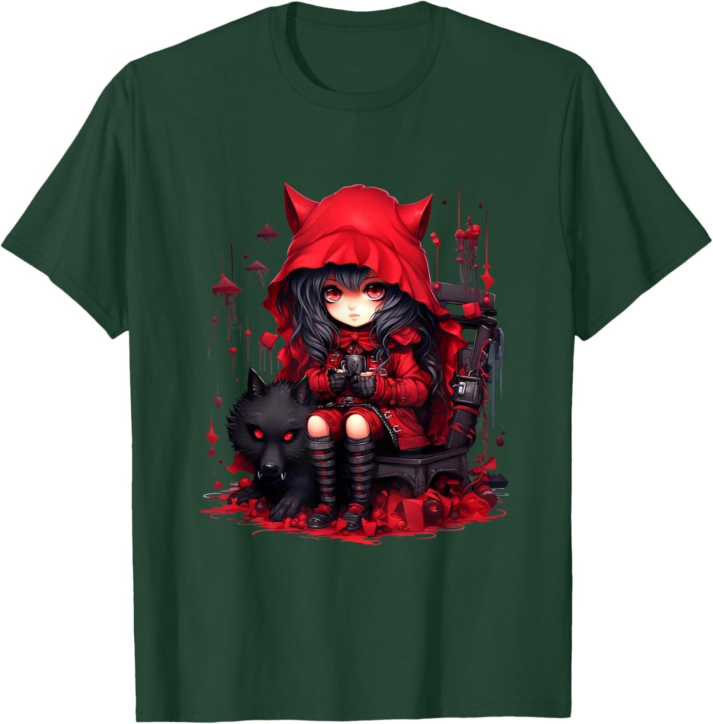 Chibi Little Red Riding Hood & Bad Wolf | Anime Kawaii Style T-Shirt - T-Shirt | Forest