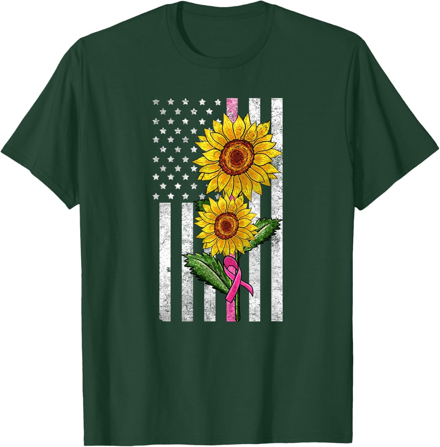 Sunflower US Flag Pink Ribbon Breast Cancer American Gift T-Shirt - T-Shirt | Forest