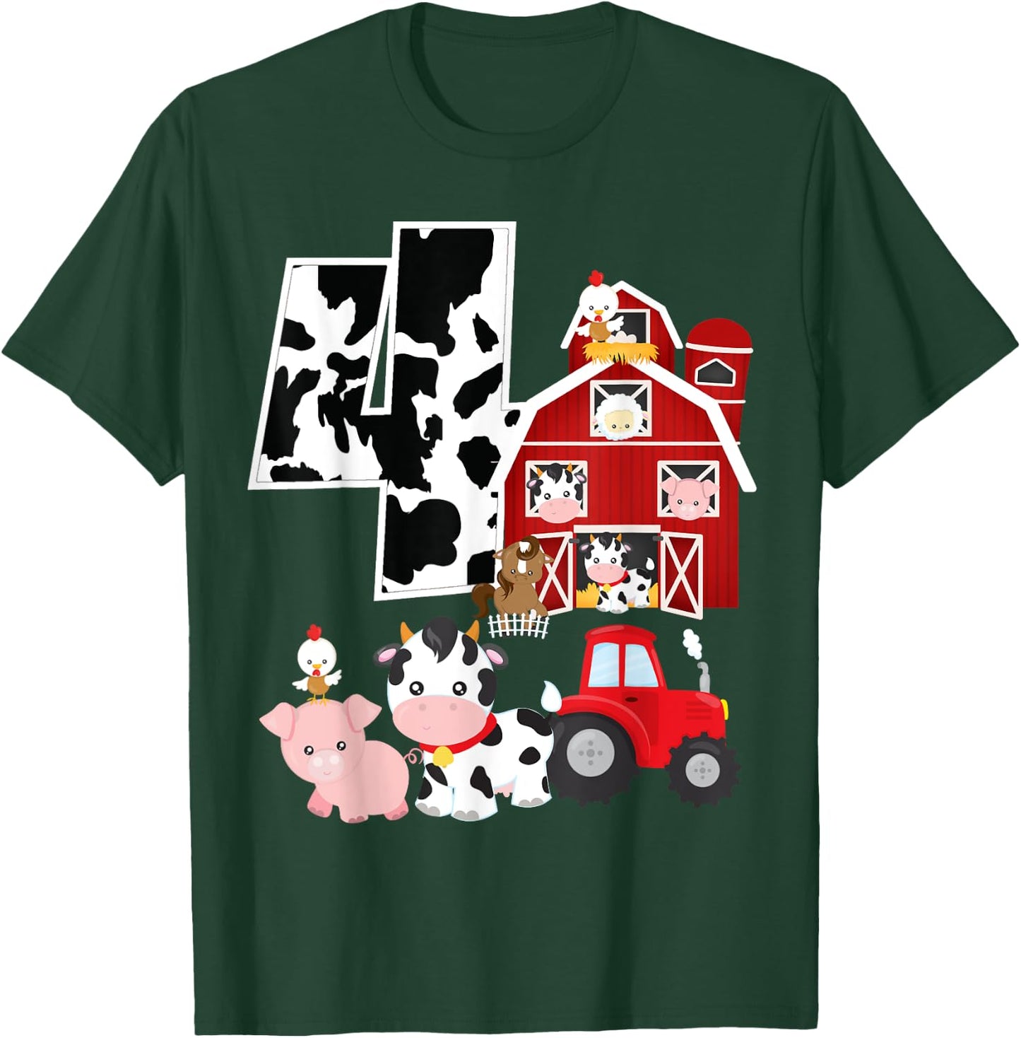 Farm Barnyard Theme Pig Cow Horse 4th Birthday 4 Yrs Old T-Shirt - T-Shirt | Forest