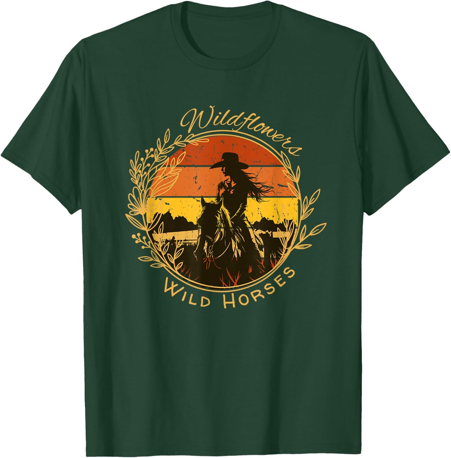 Wild Flowers and Wild Horses Vintage Sunset Country Cowgirl T-Shirt - T-Shirt | Forest