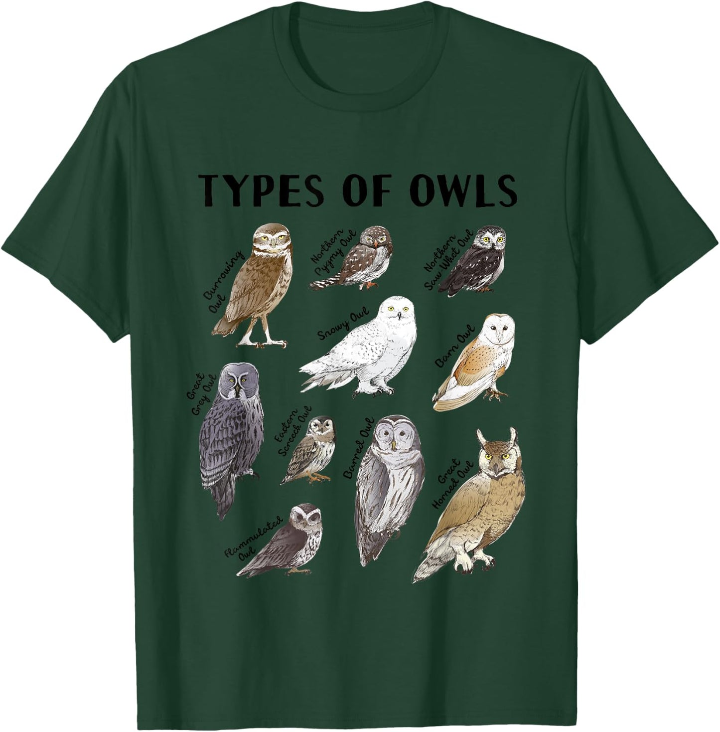 Types of Owls Educational Collection Cute Owl Lover T-Shirt - T-Shirt | Forest