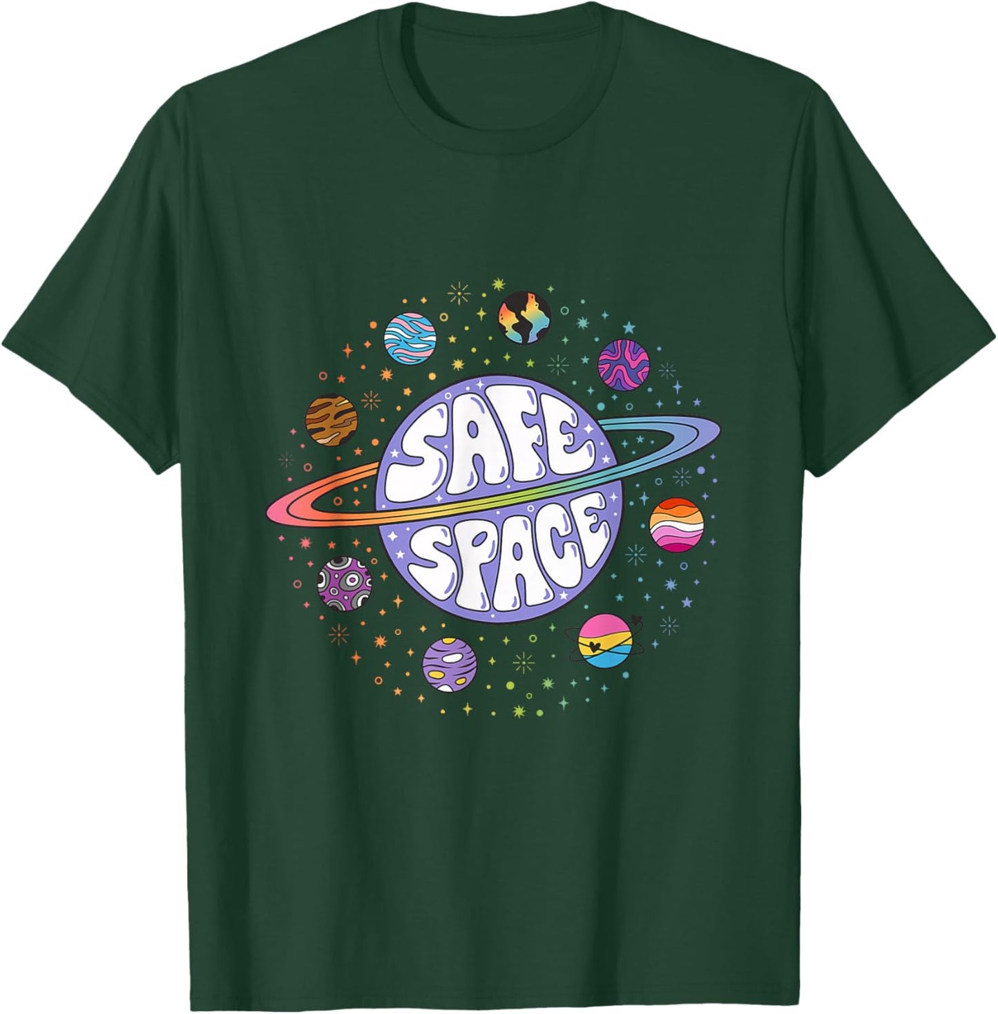 Retro Rainbow Planets Safe Space T-Shirt - T-Shirt | Forest
