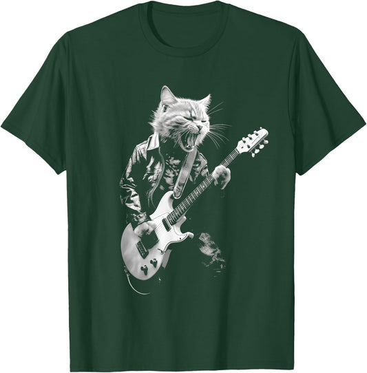 Rock Cat Playing Guitar Funny Guitar Cat Design T-Shirt - T-Shirt | Forest