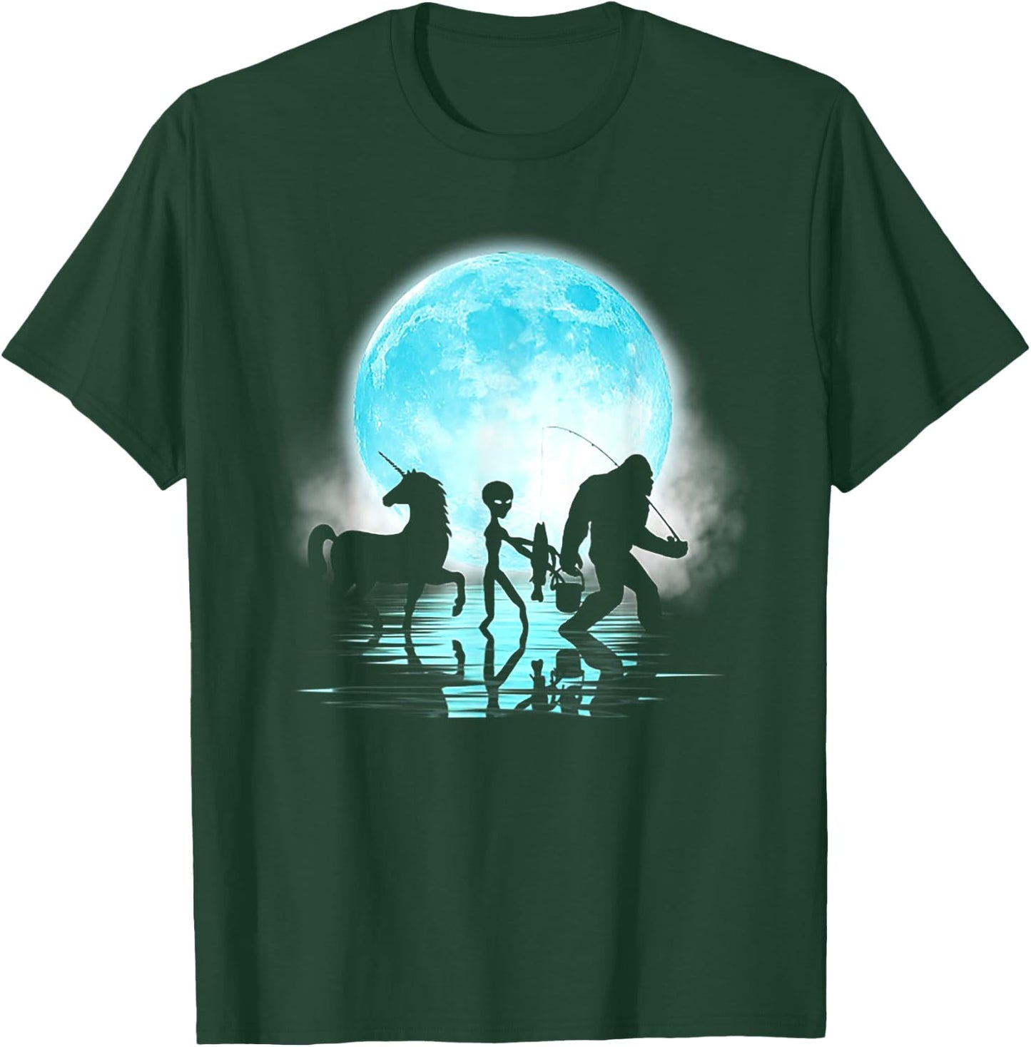 Funny Bigfoot Alien Unicorn Fishing T-Shirt - T-Shirt | Forest