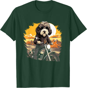 Biker Sheepadoodle Dog Riding Motorcycle T-Shirt - T-Shirt | Forest