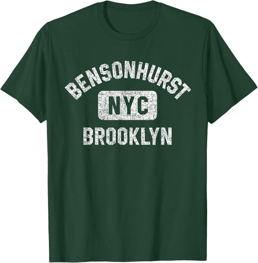 Bensonhurst Brooklyn NYC Gym Style Distressed White Print T-Shirt - T-Shirt | Forest