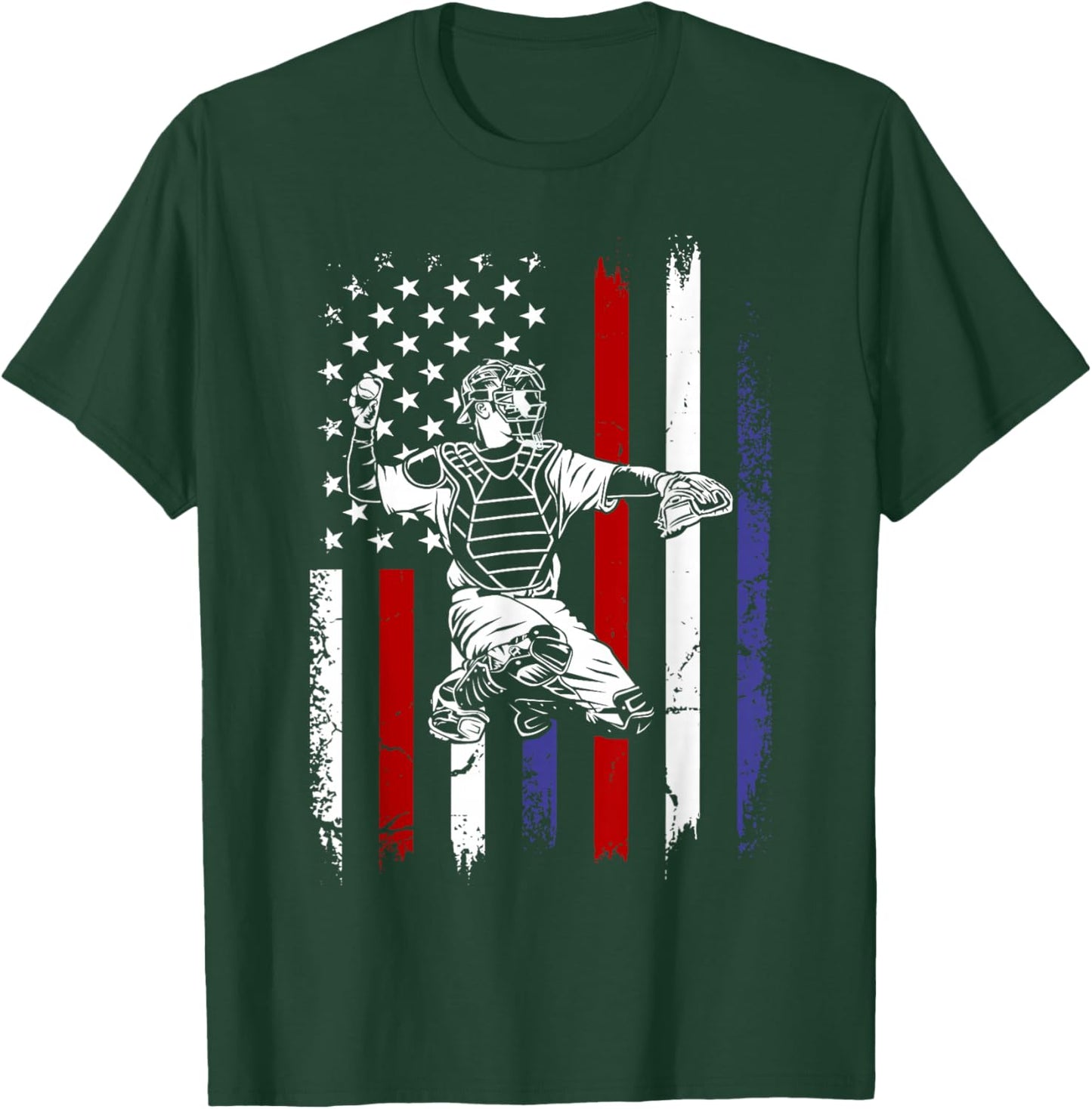Baseball American Flag Patriotic Catcher 4th of July T-Shirt - T-Shirt | Forest