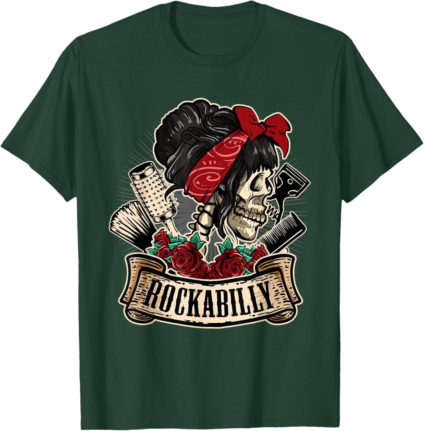 Rockabilly Girl Skull Pin-Up Hairstylist Hairdresser T-Shirt - T-Shirt | Forest