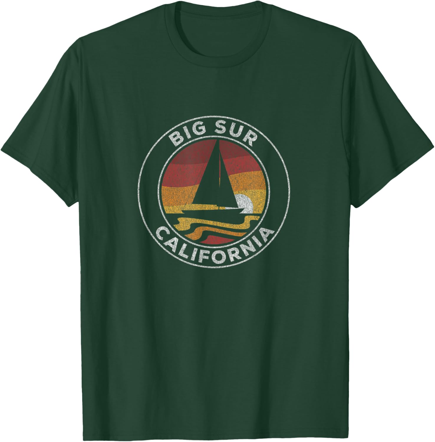 Big Sur California Vintage Sailboat 70s Retro Sunset T-Shirt - T-Shirt | Forest