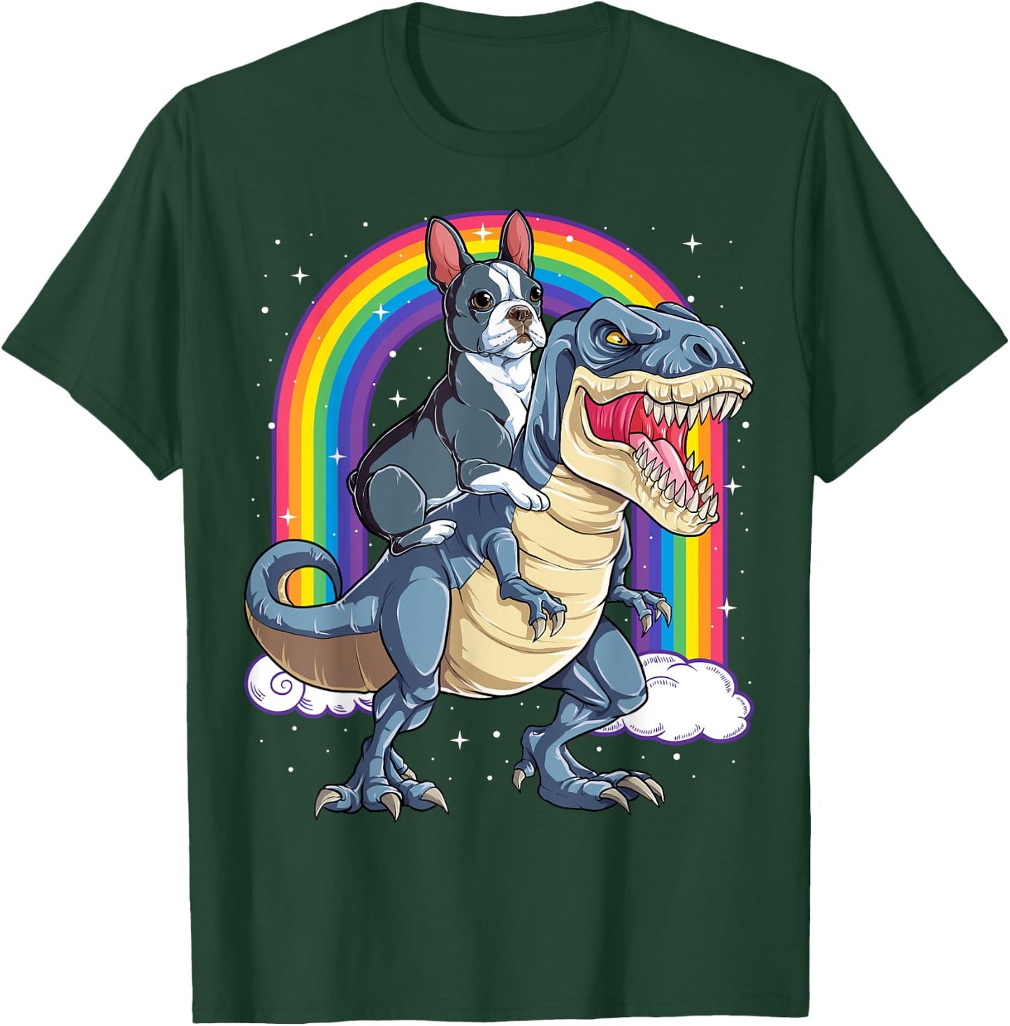 Boston Terrier Riding Dinosaur T-rex Gifts Boys Kids Rainbow T-Shirt - T-Shirt | Forest