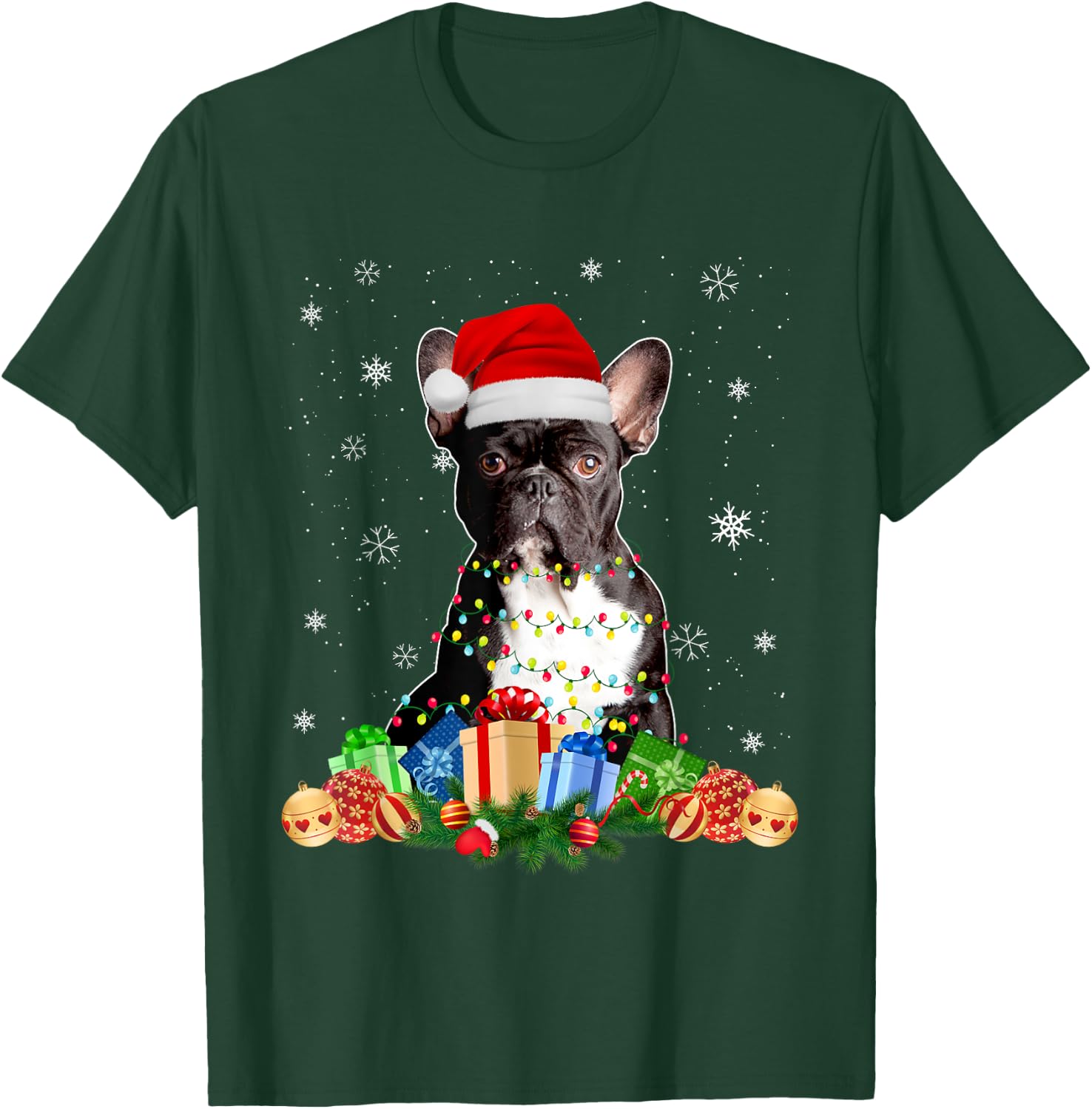 French Bulldog Dog Christmas Lights Santa Puppy Dog Lover Men Women Kids T-Shirt - T-Shirt | Forest