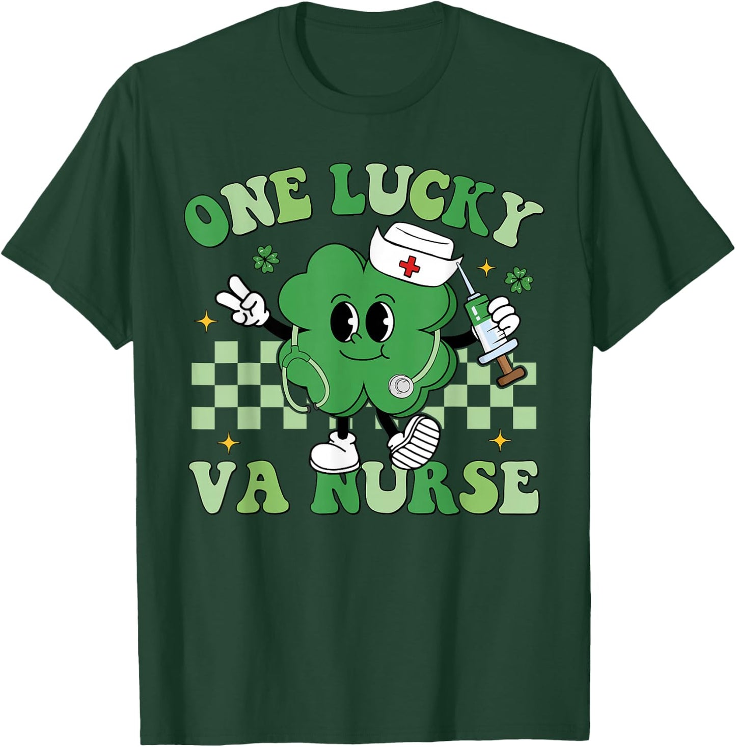 Groovy One Lucky VA Nurse Shamrock Patrick's Day T-Shirt - T-Shirt | Forest