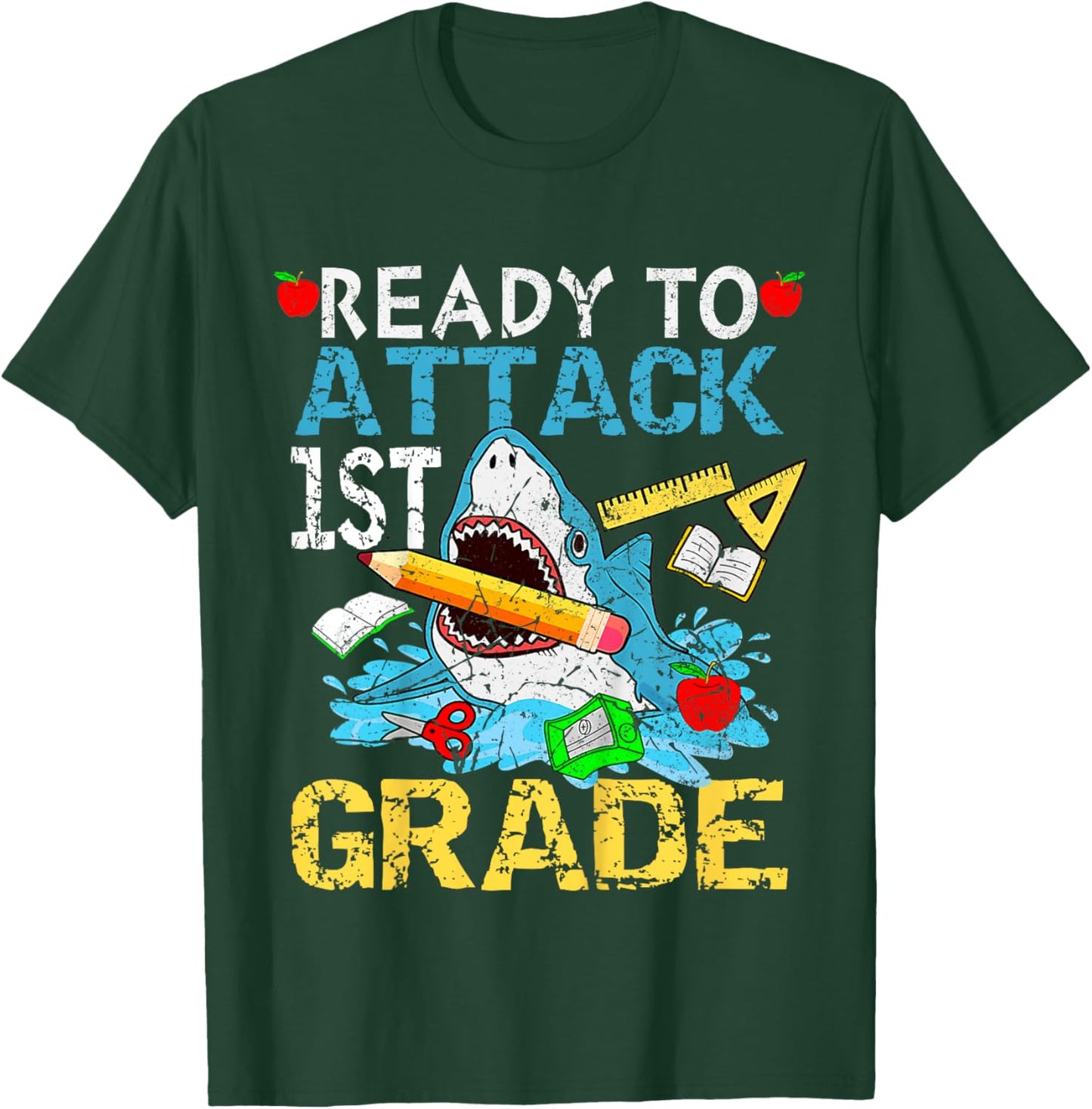 Shark Ready To Attack 1ST Grade Funny 1ST First Day School T-Shirt - T-Shirt | Forest