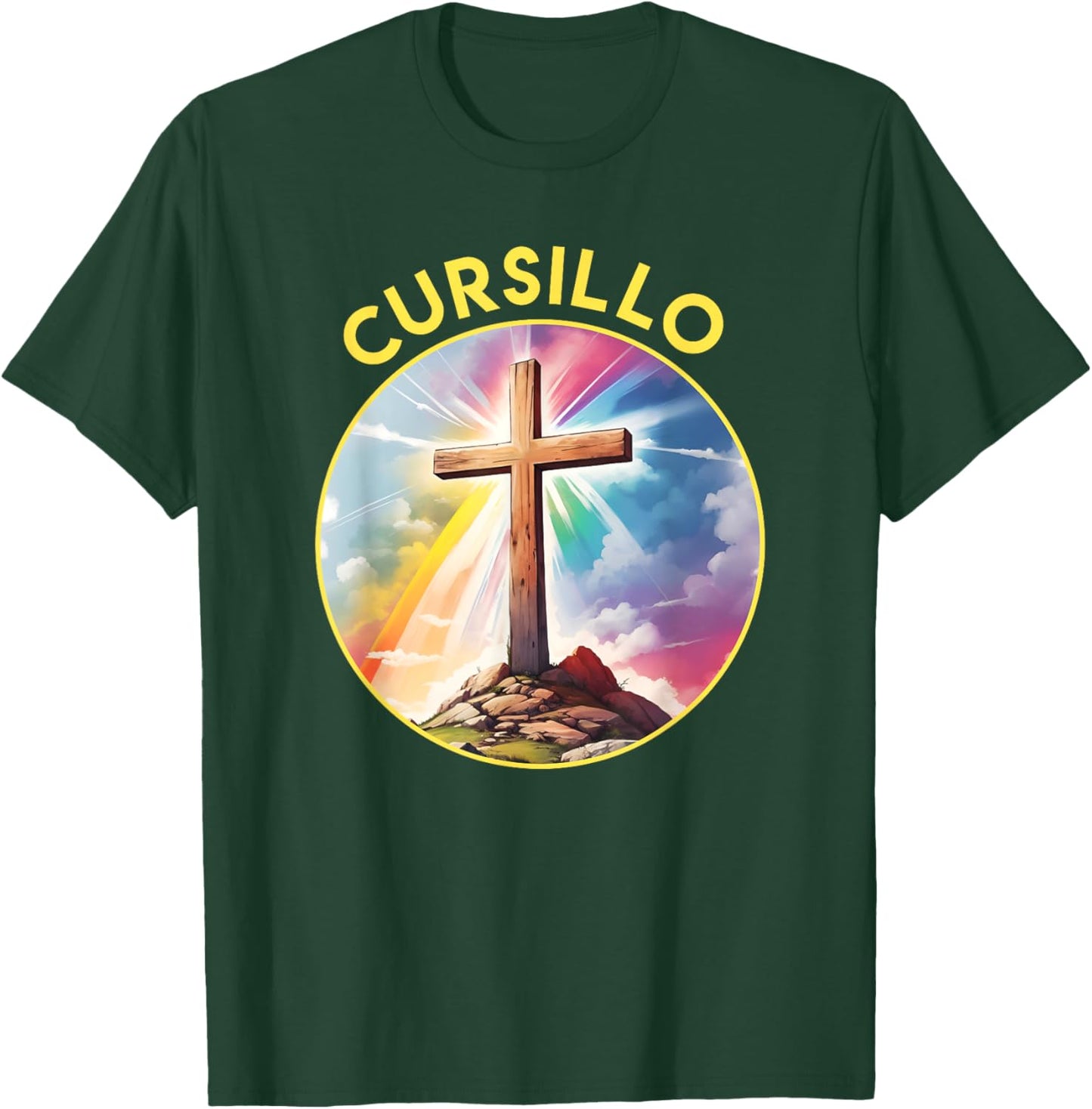 Cursillo Faith Wood Cross With Rainbow and Clouds T-Shirt - T-Shirt | Forest