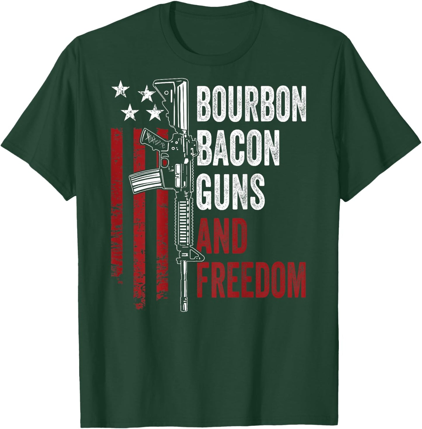 BOURBON BACON GUNS & FREEDOM - BBQ Grill Drinking - ON BACK T-Shirt - T-Shirt | Forest