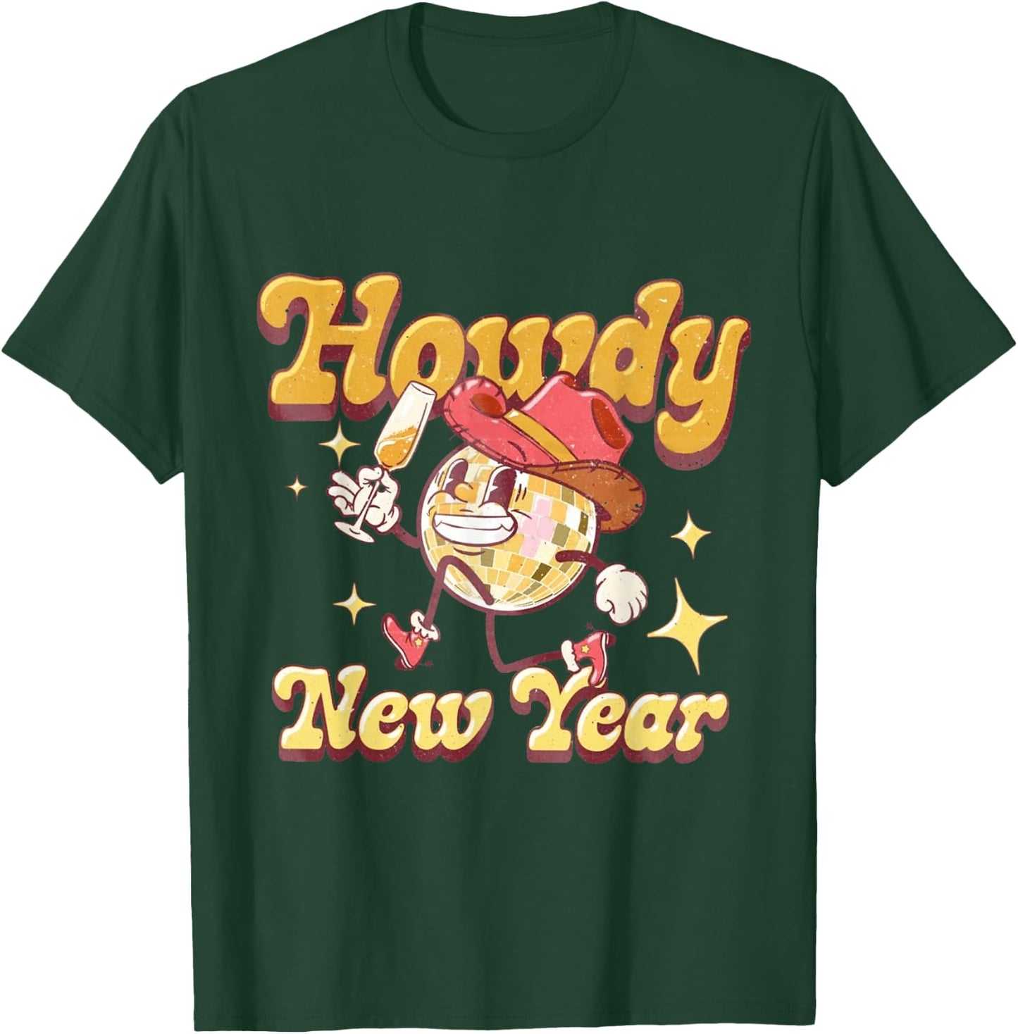 Howdy New Year 2024 Western Cowgirl Hat And Disco Balls T-Shirt - T-Shirt | Forest