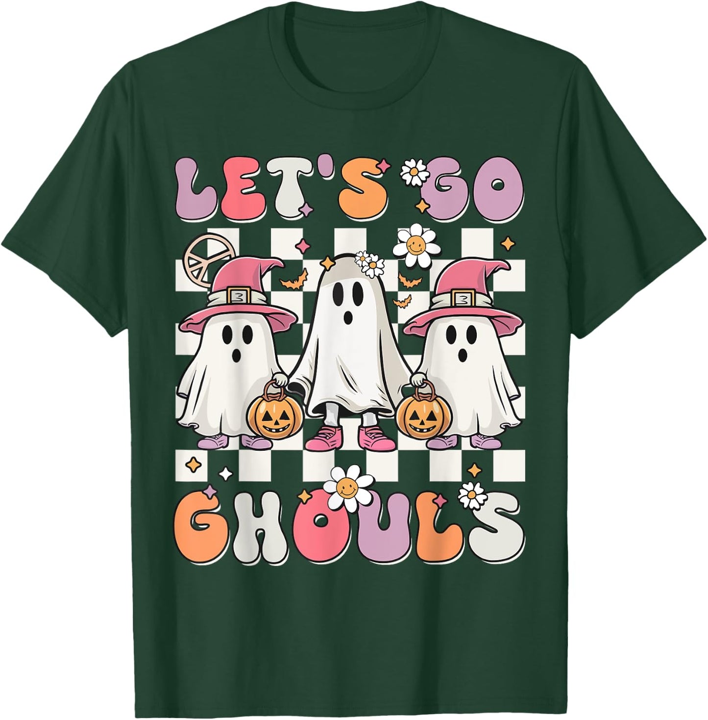 Women Girls Let's Go Ghouls Halloween Retro Ghost Costume T-Shirt - T-Shirt | Forest