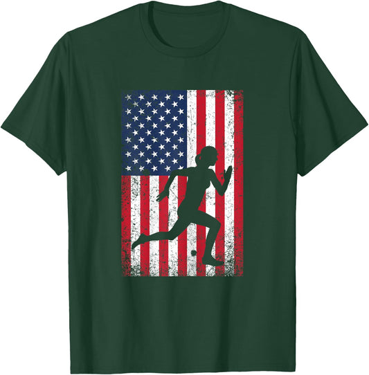 USA American Flag Running 4th of July Runner Patriotic Gift T-Shirt - T-Shirt | Forest