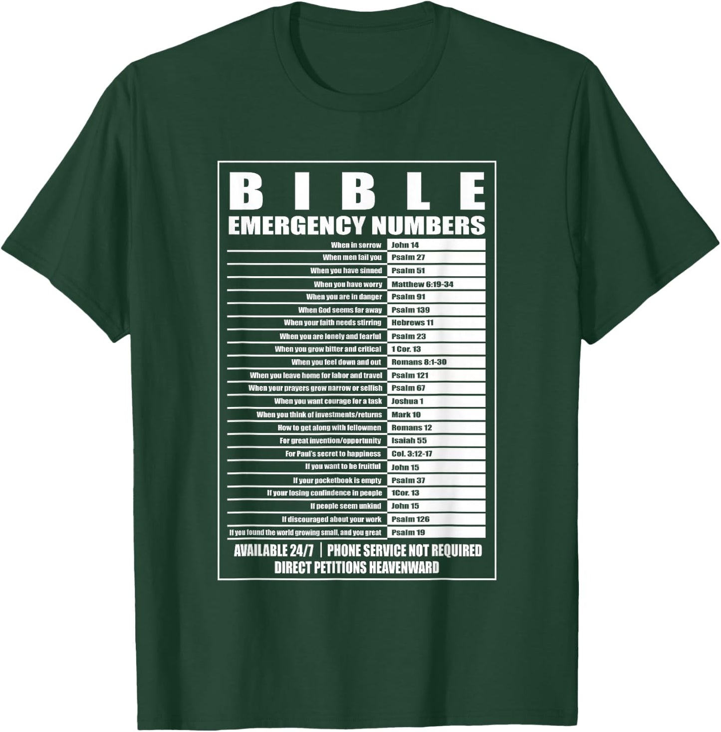 Bible Emergency Numbers Religious Christian T-Shirt - T-Shirt | Forest