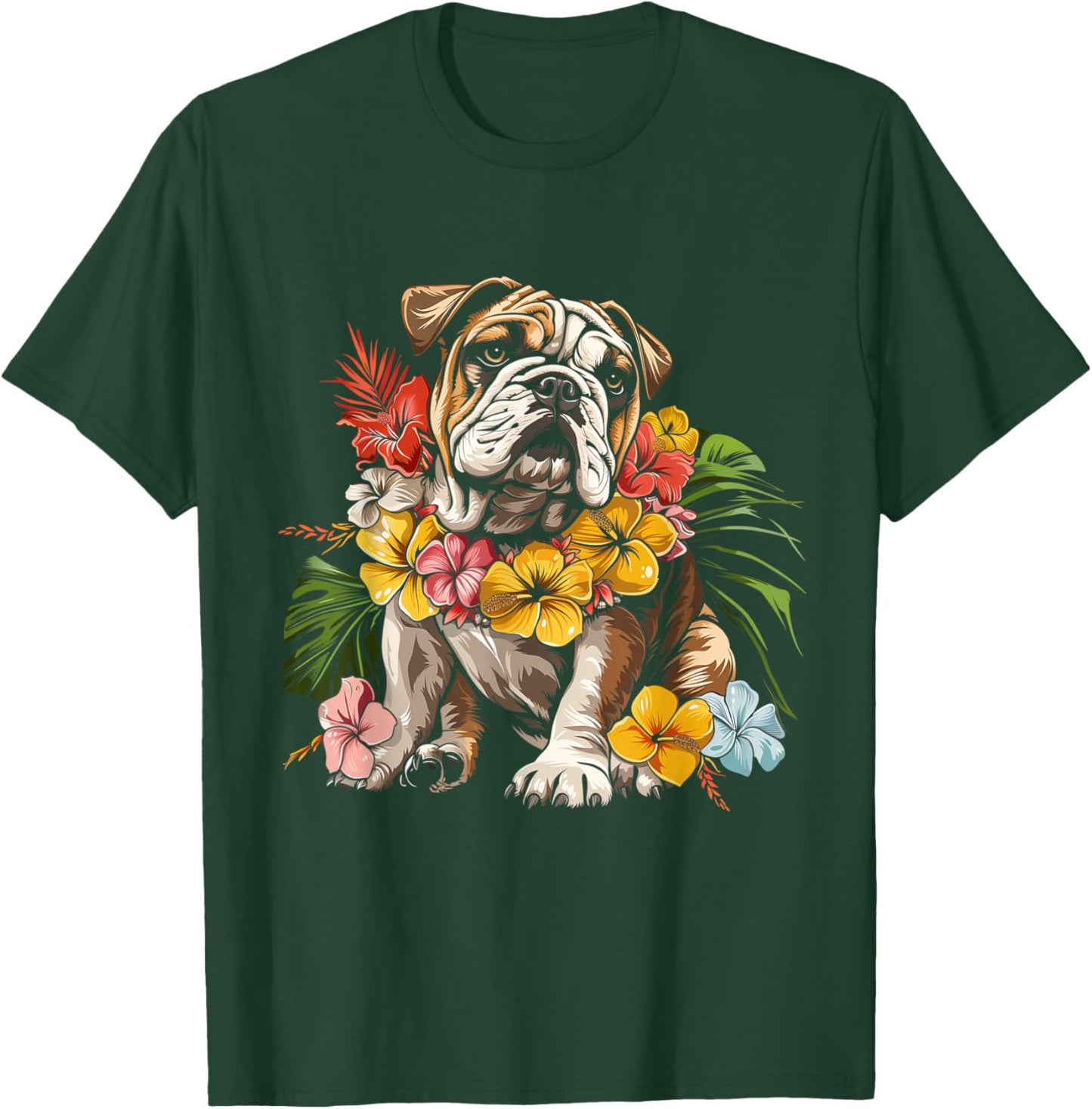 Bulldog Hawaiian Flowers Hibiscus Hula Hawaii Dog T-Shirt - T-Shirt | Forest