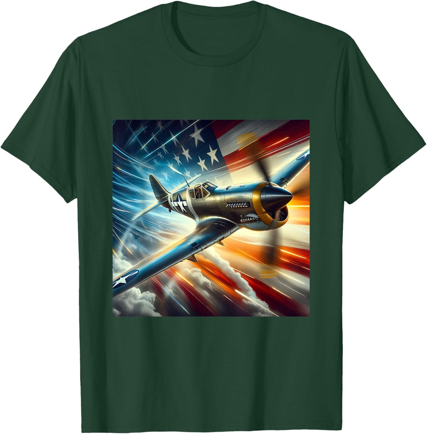 P-40 Warhawk | North American Aviation WW2 P40 US Flag T-Shirt - T-Shirt | Forest