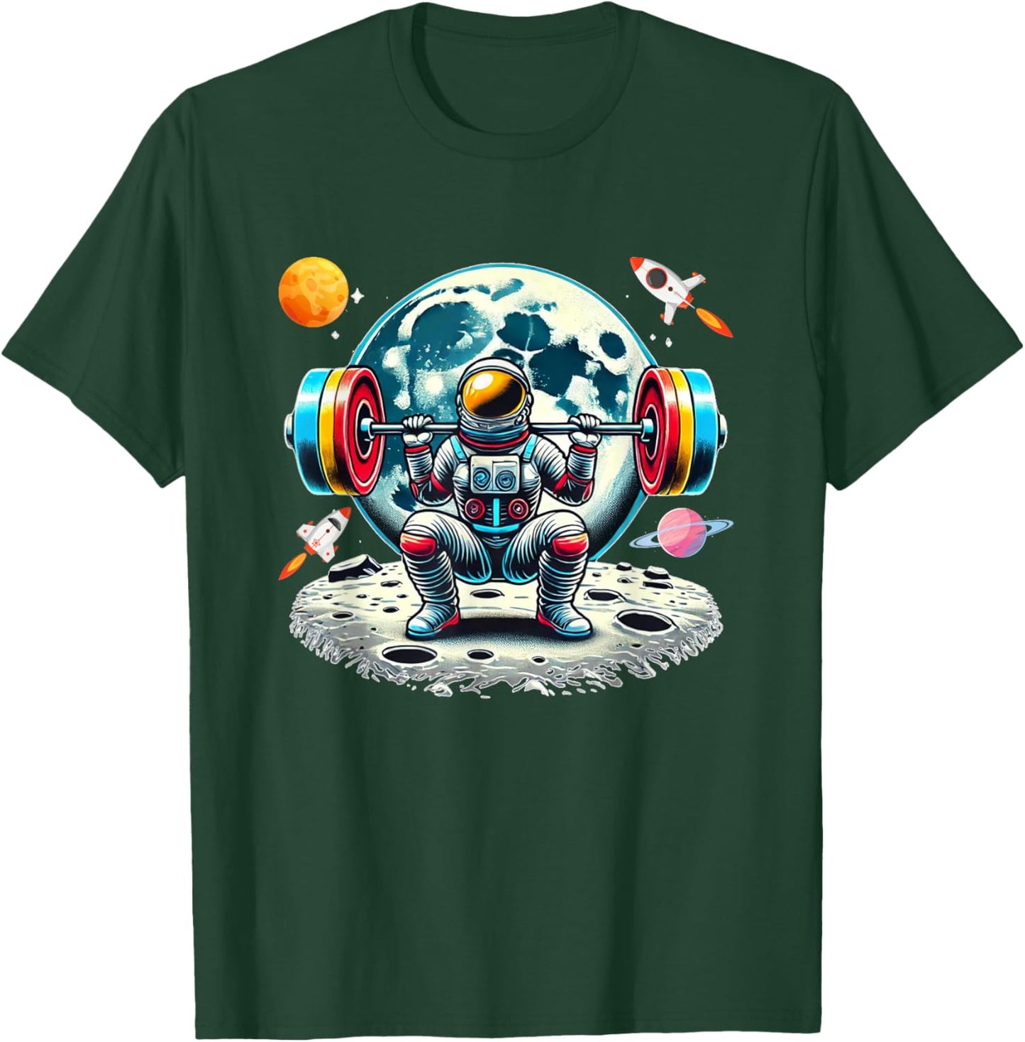 Funny Astronaut Working Out Gym Barbell Squats Outer Space T-Shirt - T-Shirt | Forest