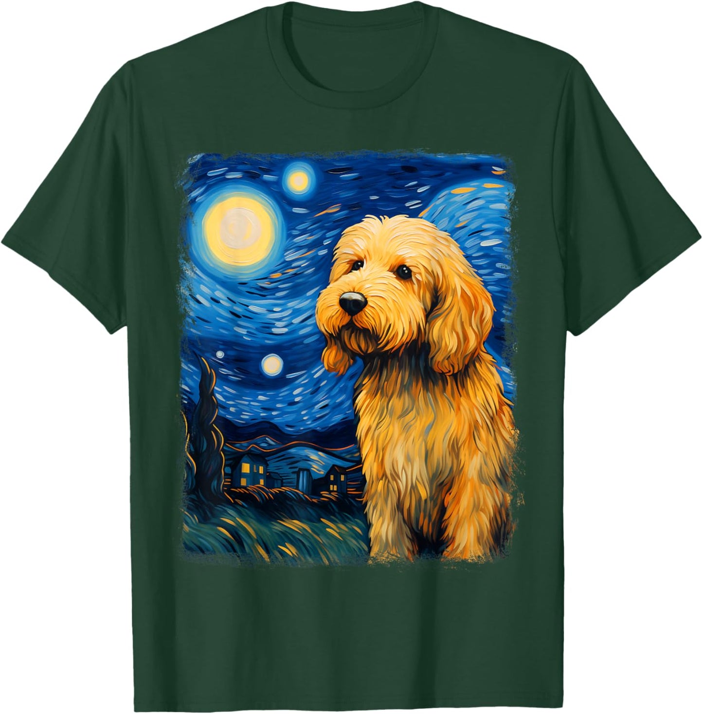 Golden Doodle Goldendoodle Dog Starry Night Painting T-Shirt - T-Shirt | Forest