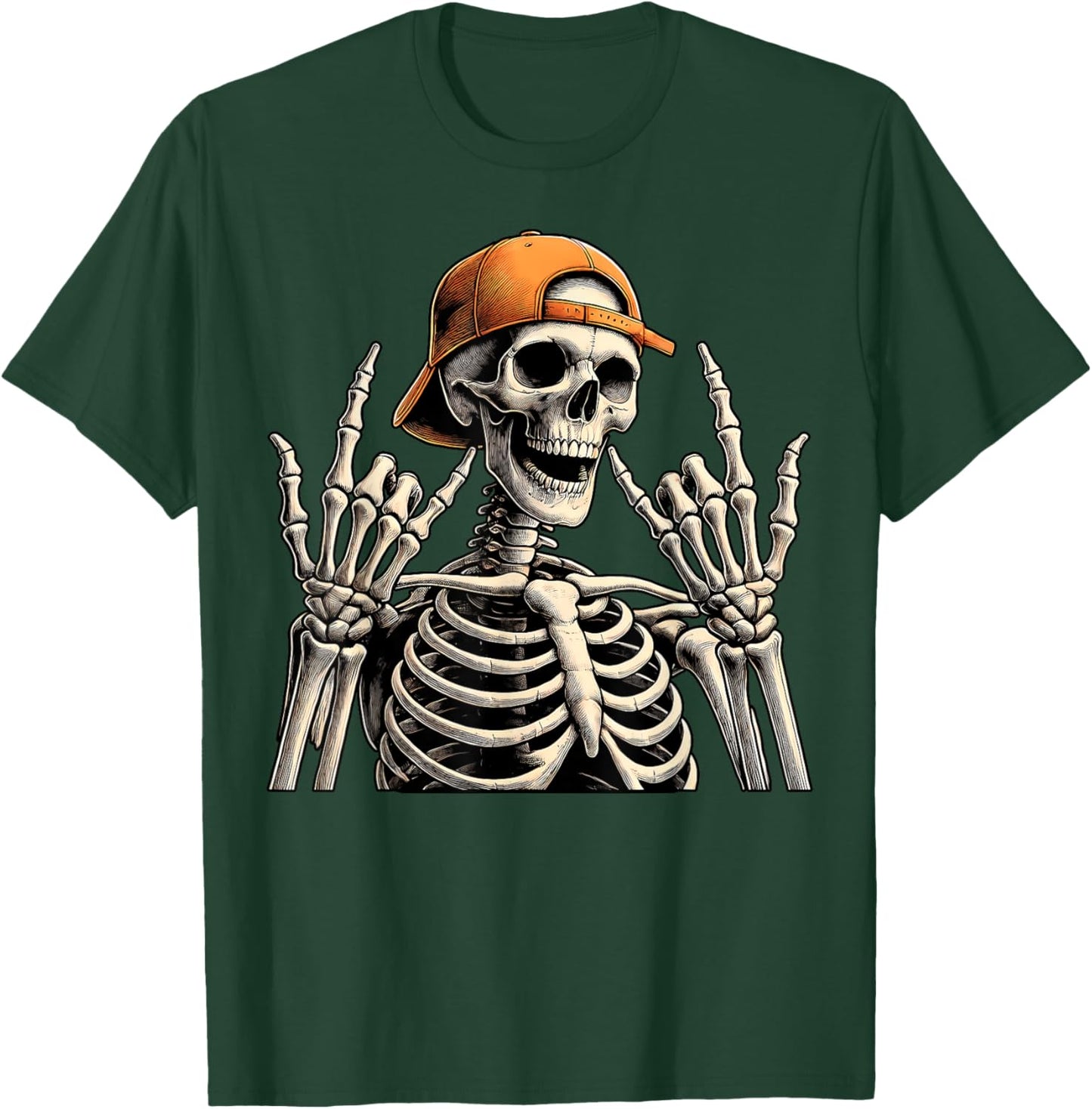 Retro Skeleton Halloween Rock Hand Sign Rock N Roll 90s T-Shirt - T-Shirt | Forest