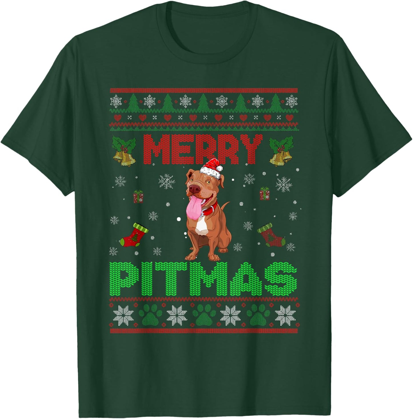Merry Pitmas Funny Pit Bull Christmas Sweater Gifts T-Shirt - T-Shirt | Forest