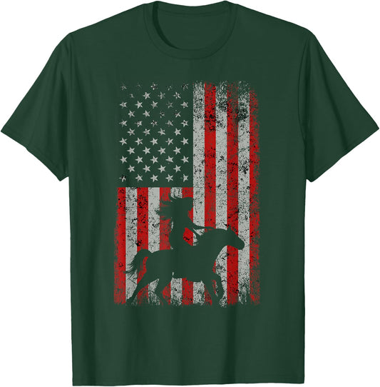 AMERICAN FLAG Cowboy Women Gift Horseback Equestrian Horse T-Shirt - T-Shirt | Forest