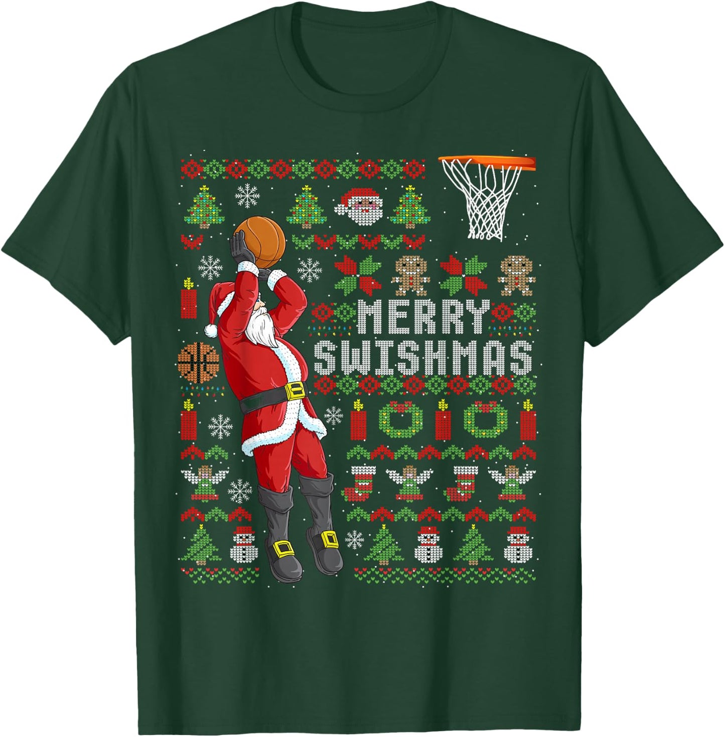 Merry Swishmas Ugly Christmas Basketball Christmas T-Shirt - T-Shirt | Forest