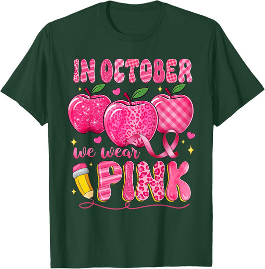 In October We Wear Pink Apple Teacher Leopard Breast Cancer T-Shirt - T-Shirt | Forest