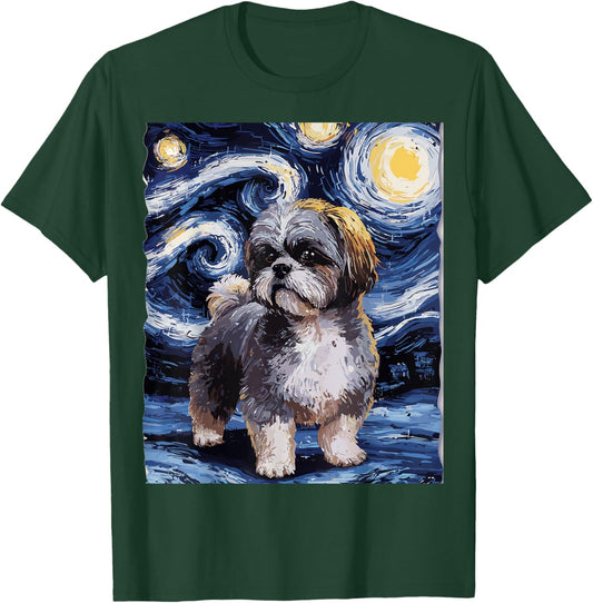 Gifts For Shih Tzu Dog Lovers Van Gogh Style Starry Night Men Women T-Shirt - T-Shirt | Forest